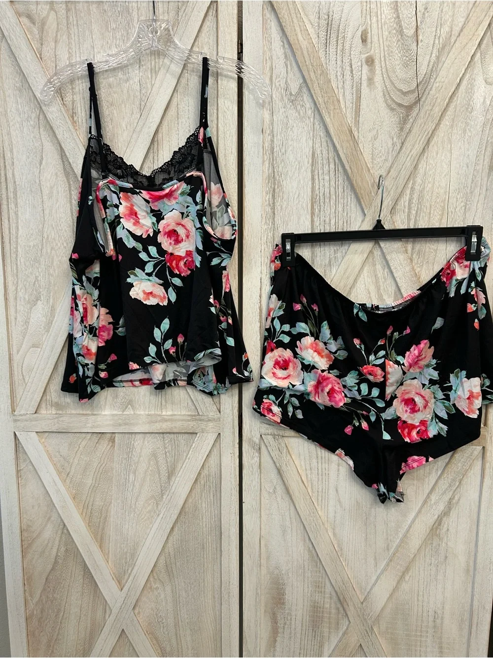 Floral Knit Cami & Short Sleep Set - Black with Pink Floral